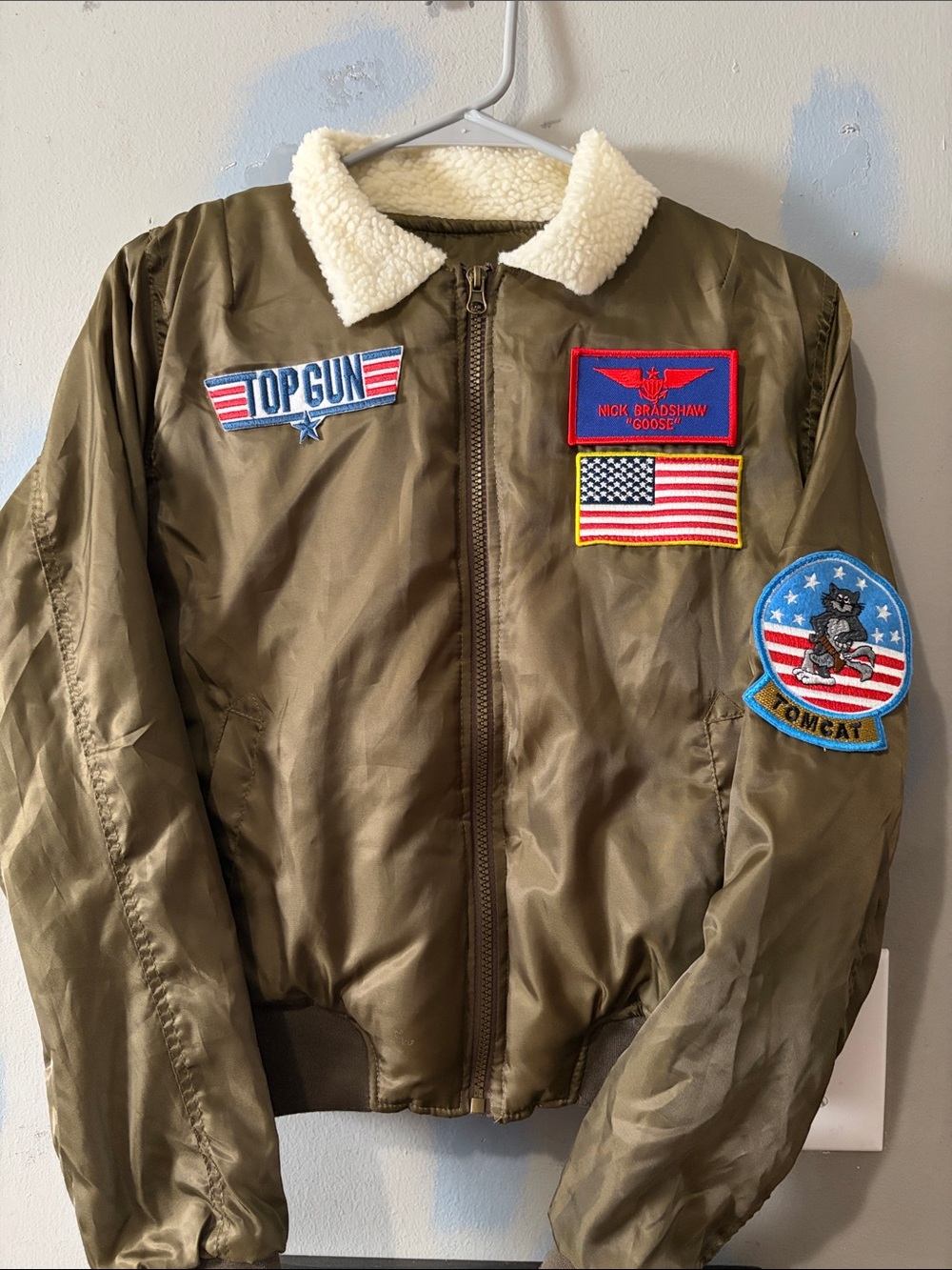 Olive Bomber Jacket with Cream Sherpa Collar and Patch Accents